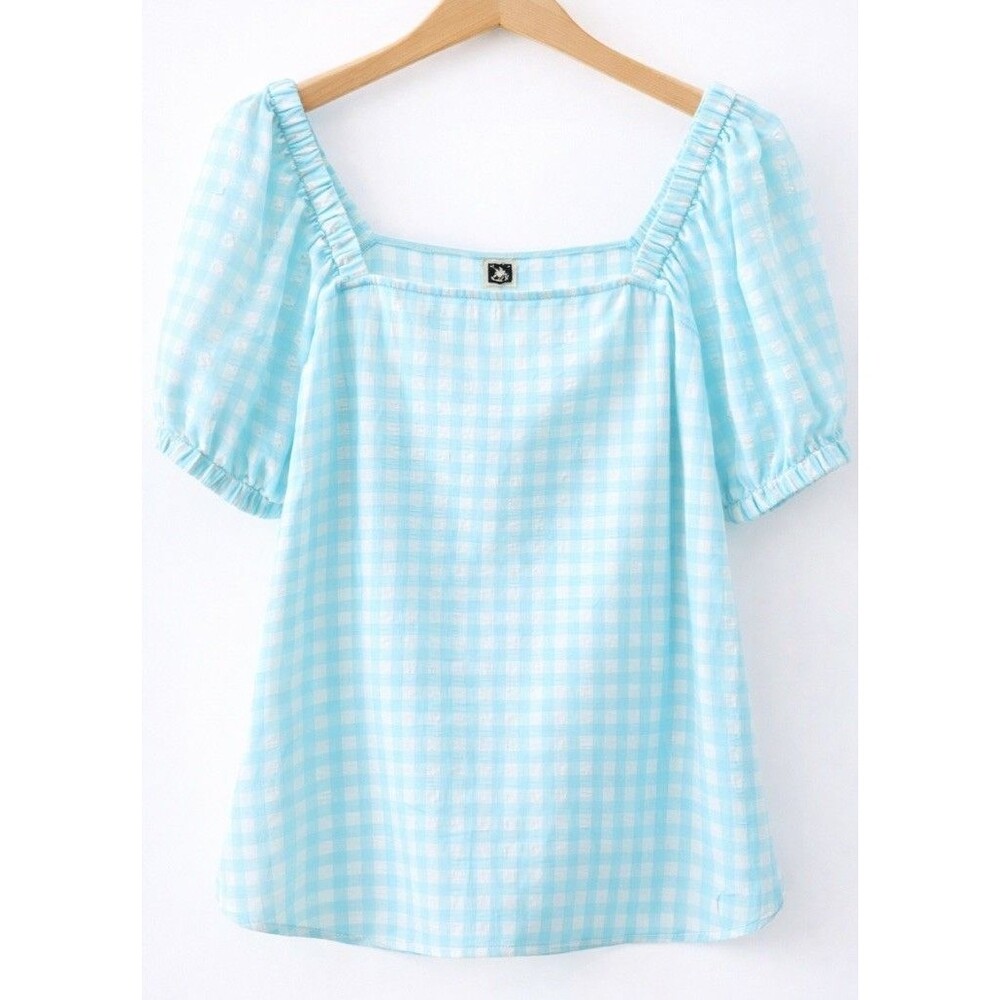 NWT Anne Klein 1X Aqua Gingham Puff Sleeve Square Neck Cottagecore Blouse